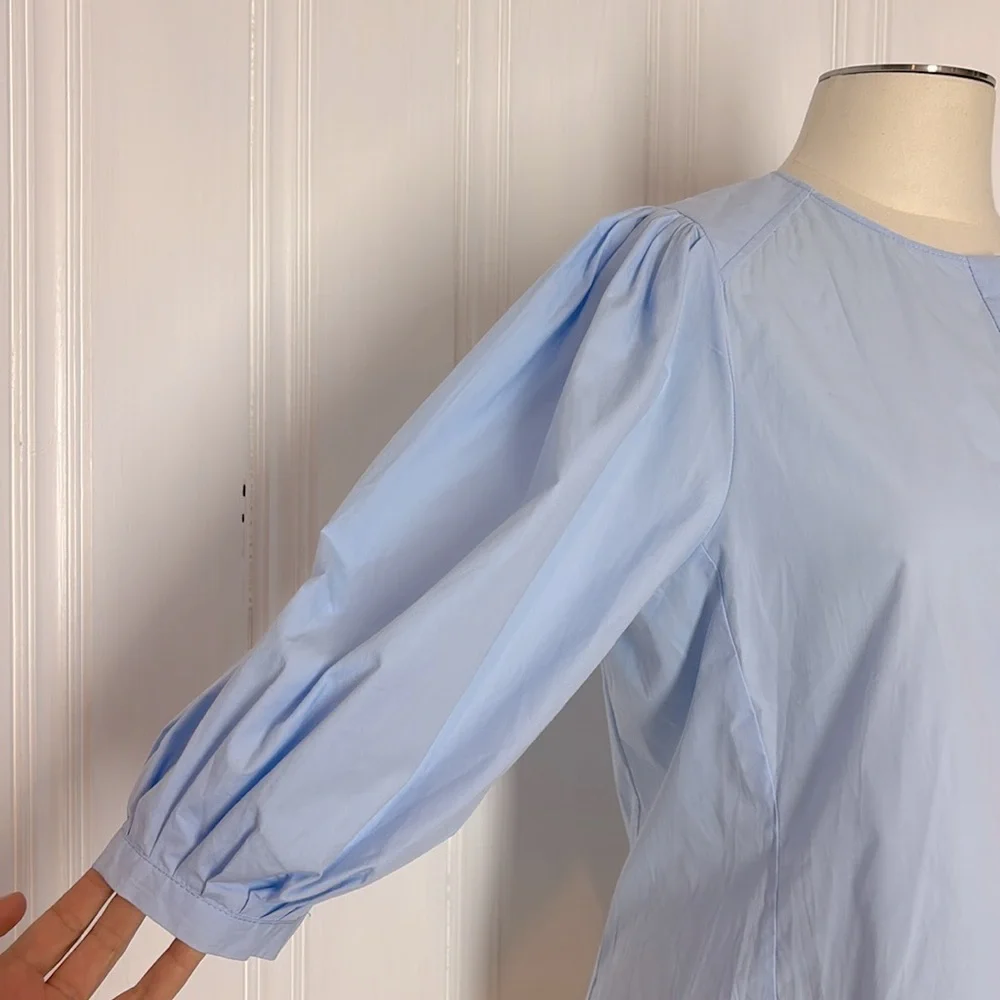 NWT ZARA Baby Blue Cotton Blouse with Dramatic Puff Sleeves - Picture 5 of 7